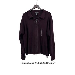 NWT Slates Men's XL Full Zip Collared Sweater Burgundy 100% Cotton Casual ($75)